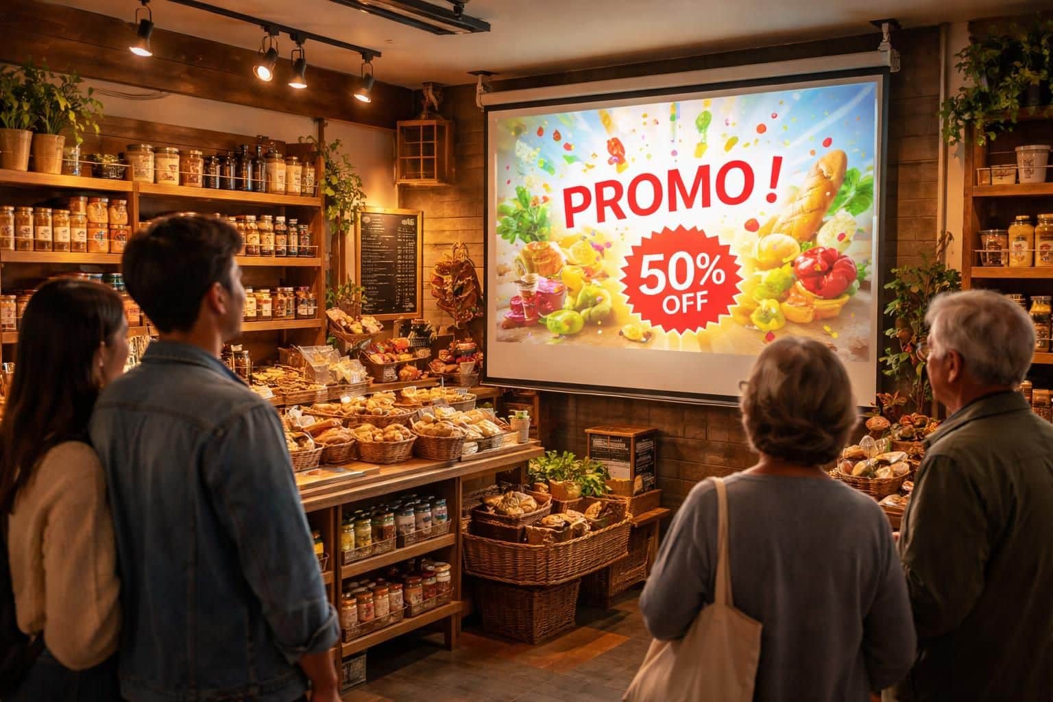 découvrez comment un écran de projection transforme votre corner boutique avec des promotions dynamiques et attractives, captant l'attention de vos clients pour booster vos ventes.