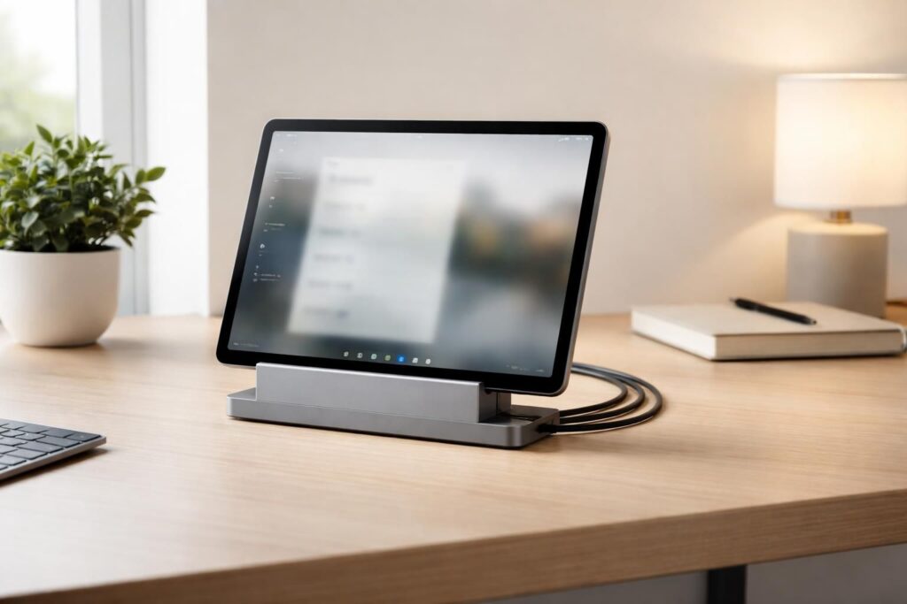 découvrez comment aménager efficacement un stand en intégrant une tablette windows avec un dock et les câbles nécessaires pour une installation propre et fonctionnelle.