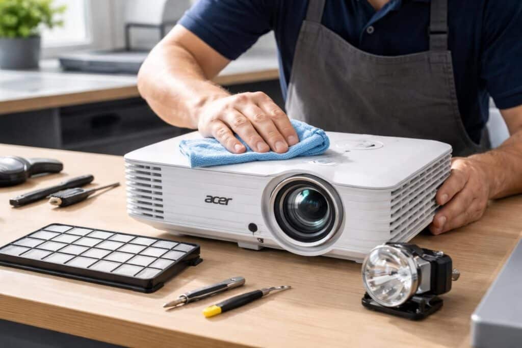 apprenez à entretenir votre vidéoprojecteur acer pour assurer ses performances optimales en nettoyant la poussière, en entretenant le filtre et en remplaçant la lampe régulièrement.