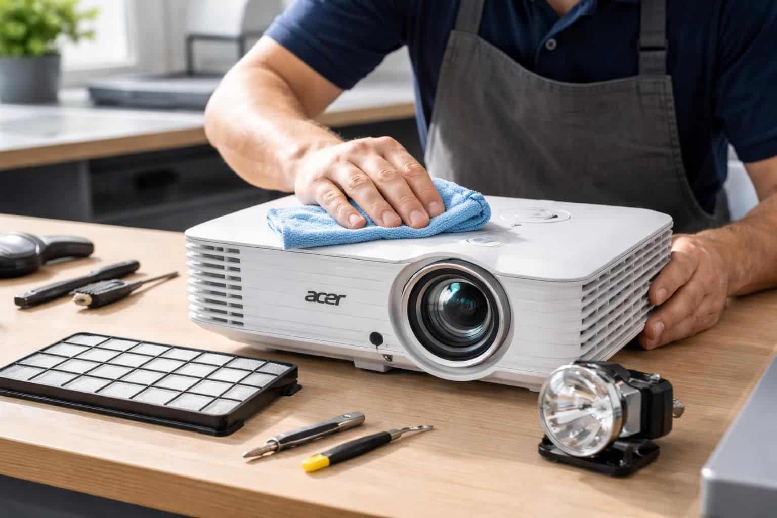 apprenez à entretenir votre vidéoprojecteur acer pour assurer ses performances optimales en nettoyant la poussière, en entretenant le filtre et en remplaçant la lampe régulièrement.