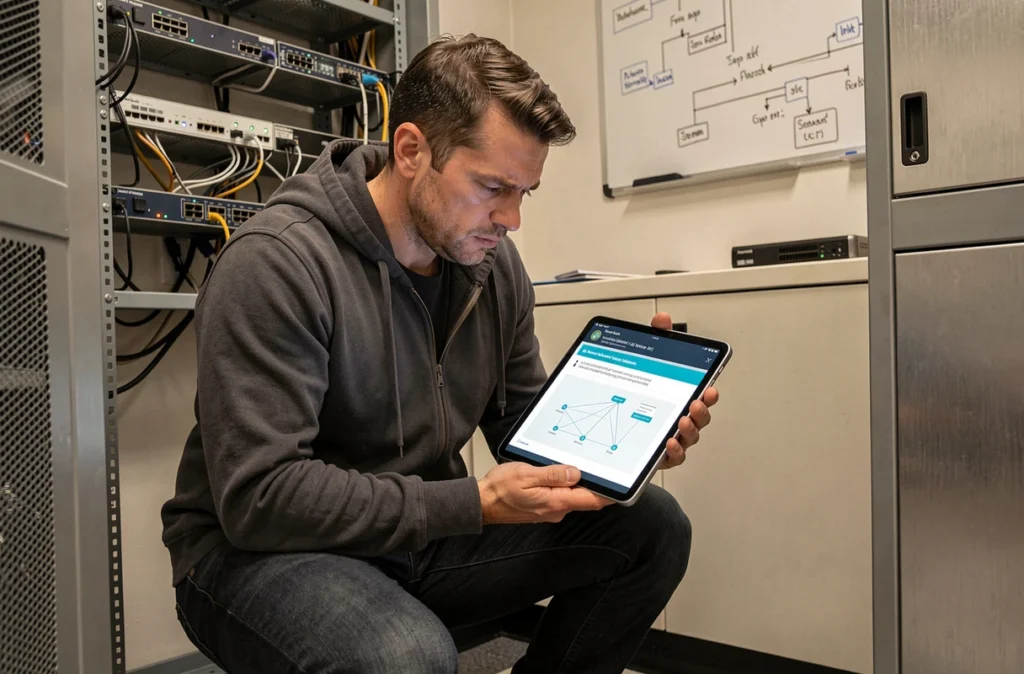 Administrateur systèmes consultant un rapport de maintenance généré par IA sur tablette dans une salle réseau