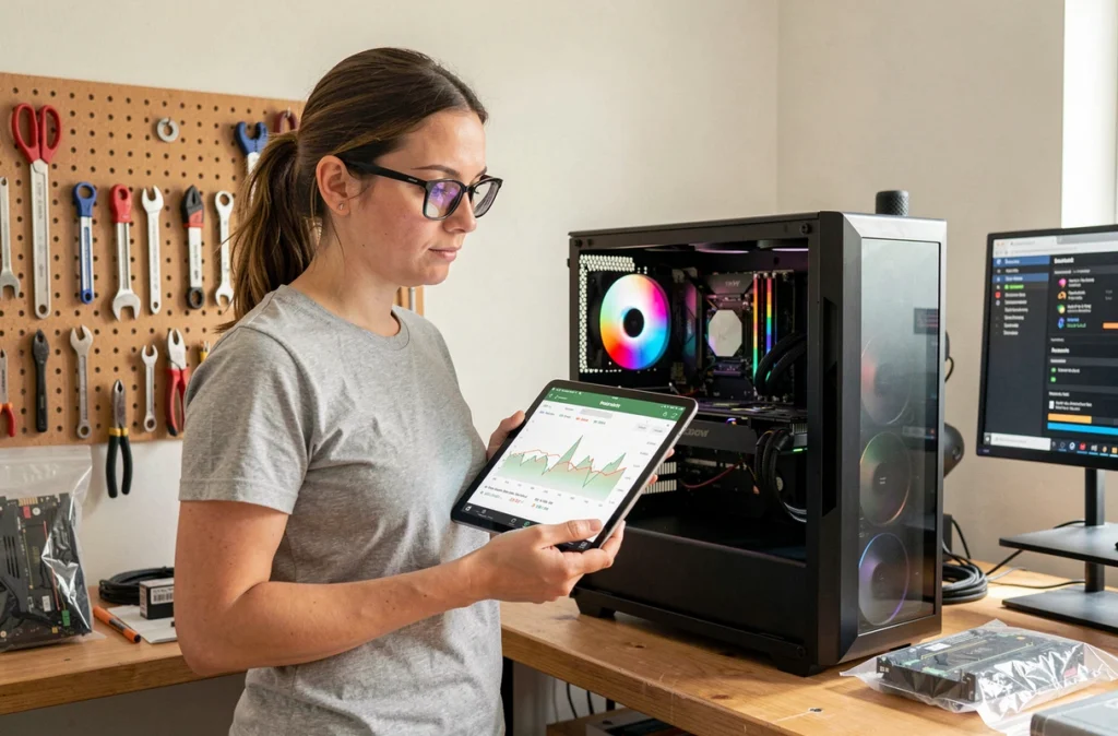 Femme analysant les données de consommation électrique d'un PC gamer sur une tablette dans un espace de travail technique