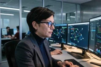Analyste en cybersécurité féminine surveillant des tableaux de bord d'intelligence artificielle dans un centre opérationnel d'entreprise moderne