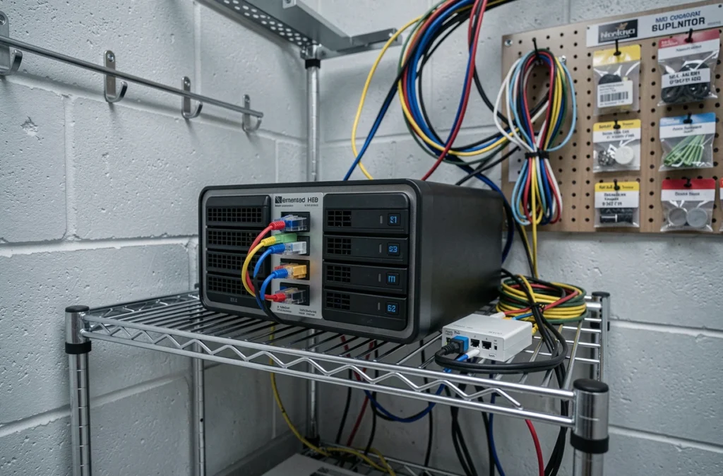 Équipement de stockage réseau NAS et câblage dans une armoire serveur de PME