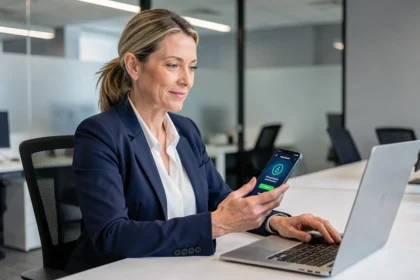Femme en entreprise utilisant l'authentification multifactorielle sur smartphone pour accéder à ses outils bureautiques