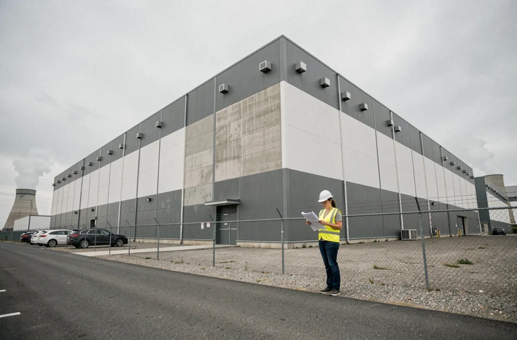 Ingénieure devant un immense bâtiment de data center industriel avec des unités de refroidissement en toiture