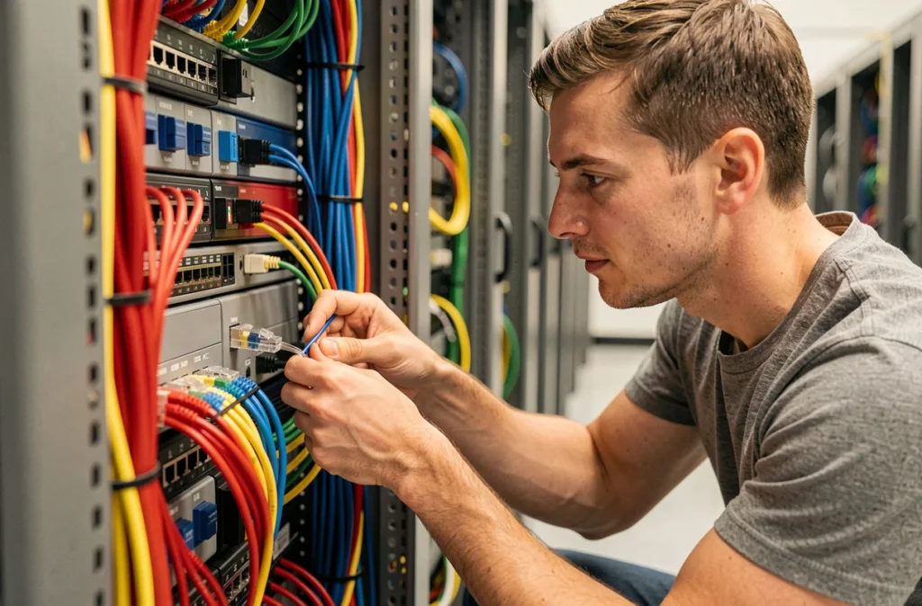 Ingénieur réseau branchant un câble fibre optique dans un panneau de brassage de data center