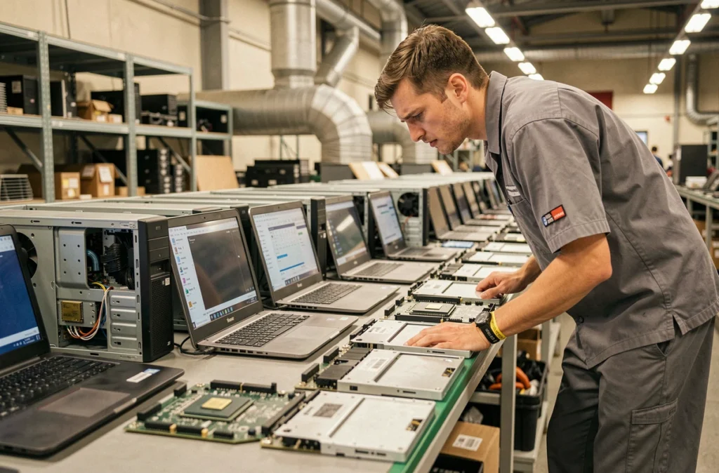 Chaîne de montage d'ordinateurs ralentie par la pénurie mondiale de puces électroniques
