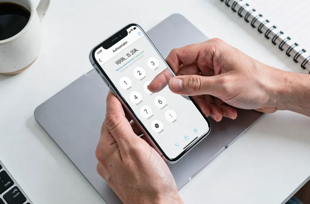 Gros plan sur des mains tenant un smartphone affichant un code d'authentification à deux facteurs lors d'une connexion à un outil bureautique