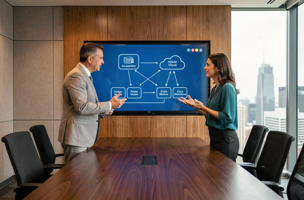 Deux cadres d'entreprise collaborant autour d'un écran interactif affichant un schéma d'infrastructure cloud hybride en salle de réunion