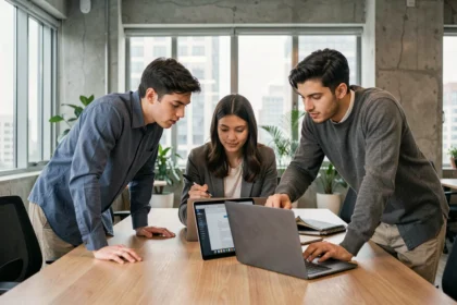 Équipe de professionnels collaborant autour de laptops avec des documents partagés en ligne dans un bureau moderne