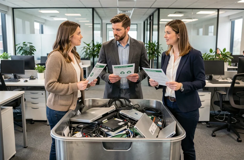 Employés de bureau déposant du matériel informatique usagé dans un bac de collecte pour recyclage