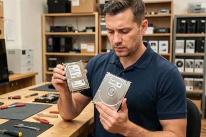 Technicien tenant un SSD et un disque dur HDD côte à côte pour comparer leur taille et leur format dans un atelier informatique