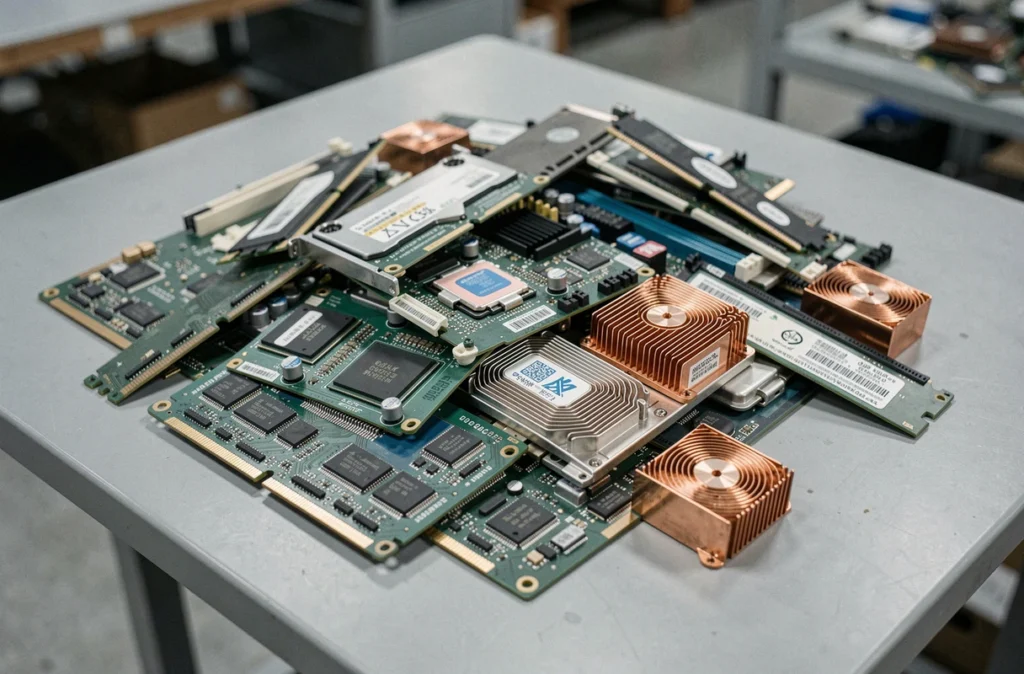 Gros plan sur des composants informatiques démontés triés sur une table de recyclage industriel