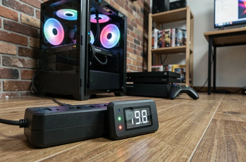 Compteur de watts numérique branché sur une multiprise gaming mesurant la consommation réelle d'un setup PC gamer