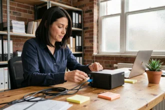 Femme technicienne configurant un serveur NAS dans un bureau de petite entreprise