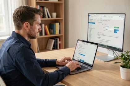 Homme configurant un protocole de réception de courrier sur un ordinateur portable dans un bureau à domicile