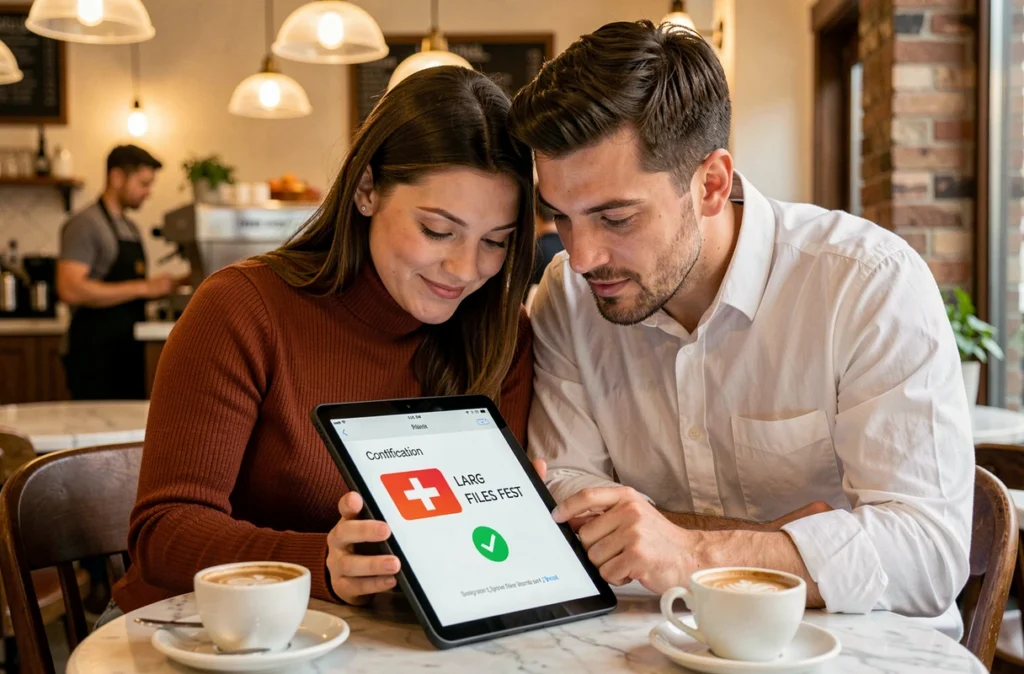 Deux collègues vérifiant ensemble la confirmation d'un transfert de fichier volumineux réussi sur une tablette dans un café
