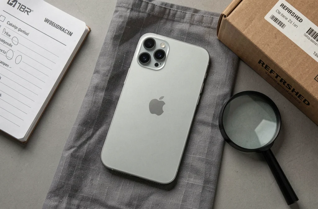Vue détaillée d'un iPhone 12 Pro reconditionné avec checklist de contrôle qualité et étiquette remis à neuf
