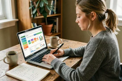 Jeune femme débutante en SEO travaillant sur une feuille de route Evoluseo devant son ordinateur portable dans un bureau à domicile