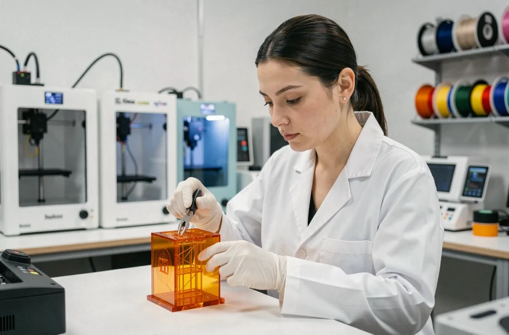 Designeuse industrielle retirant les supports d'un prototype en résine imprimé en 3D dans un studio de prototypage professionnel