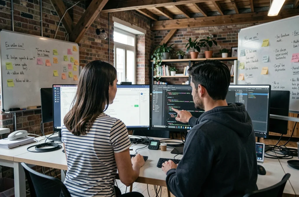 Deux développeurs français collaborant sur le code de protection des données d'une application mobile dans un loft parisien