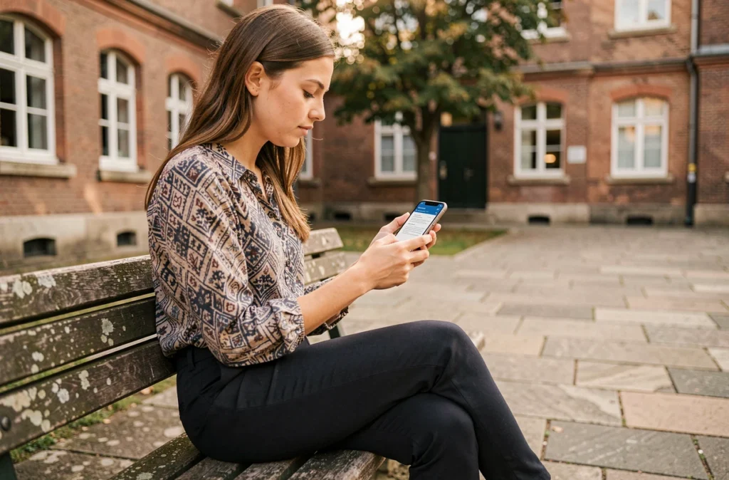 Jeune enseignante consultant l'intranet ac-amiens sur smartphone dans une cour d'école