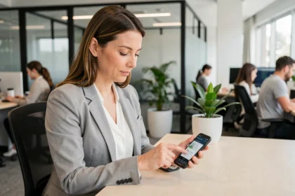 Enseignante consultant l'intranet académique sur smartphone dans un bureau ouvert moderne