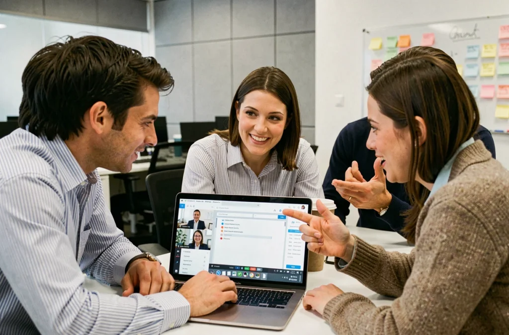 Équipe de collègues collaborant autour d'un ordinateur portable lors d'une visioconférence en open space
