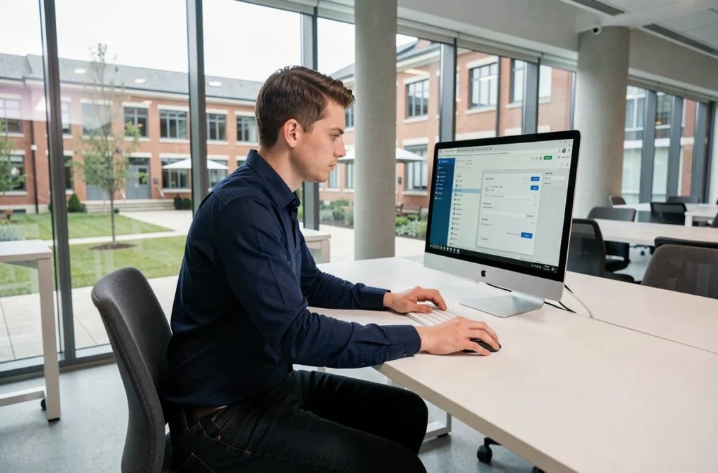 Étudiant masculin configurant son accès webmail sur un ordinateur de bureau dans un espace de travail universitaire moderne