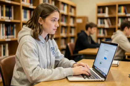 Étudiante de l'Université de Nantes se connectant pour la première fois à son webmail universitaire sur un ordinateur portable en bibliothèque