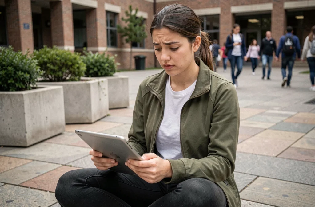 Jeune étudiante consultant sa première connexion au webmail de l'Université de Nantes sur une tablette en extérieur sur le campus
