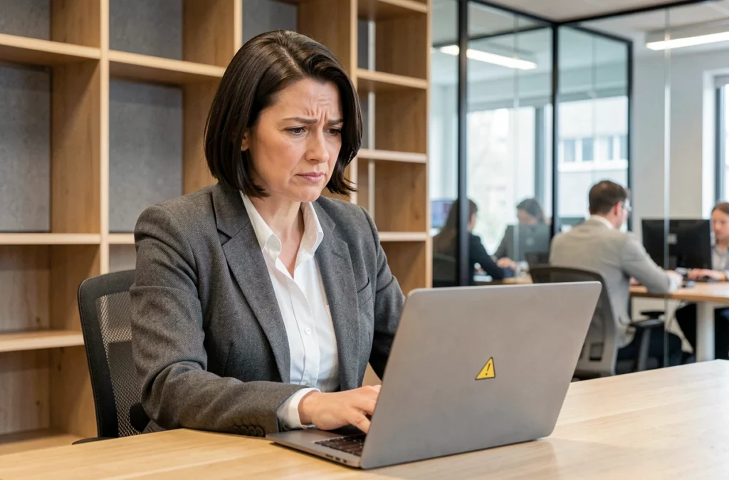 Femme professionnelle inquiète face à une alerte de sécurité sur réseau wifi public