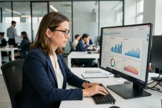 Femme professionnelle analysant des rapports automatisés générés par des outils bureautiques sur un écran d'ordinateur dans un bureau moderne
