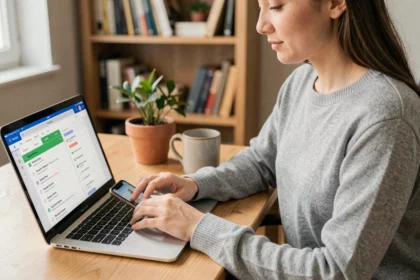 Femme utilisant une application de notes sur smartphone pour organiser ses tâches quotidiennes dans un bureau à domicile