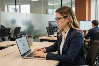 Femme au bureau consultant une politique de cybersécurité sur son ordinateur portable en entreprise