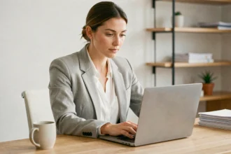 Femme professionnelle gérant ses emails sur un ordinateur portable dans un bureau minimaliste moderne
