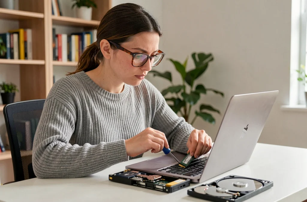 Femme installant un SSD dans un ordinateur portable à son bureau à domicile avec un disque dur démonté posé à côté pour comparaison