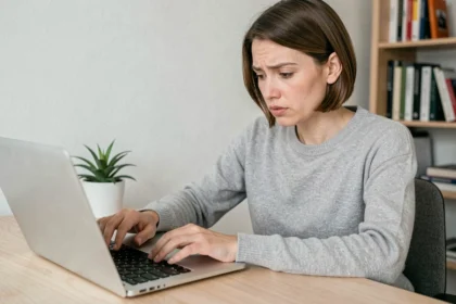 Femme utilisant un MacBook et cherchant le raccourci clavier pour le tilde sur macOS