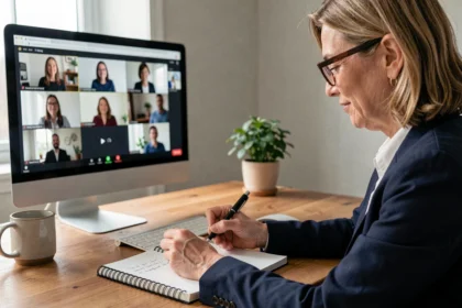 Femme professionnelle prenant des notes manuscrites lors d'une réunion virtuelle sur ordinateur de bureau