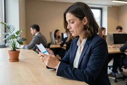 Femme professionnelle consultant les paramètres de confidentialité d'une application mobile dans un bureau parisien moderne