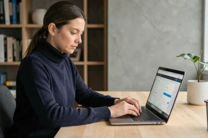 Femme ajustant les paramètres de confidentialité de son navigateur sur un ordinateur portable dans un bureau moderne
