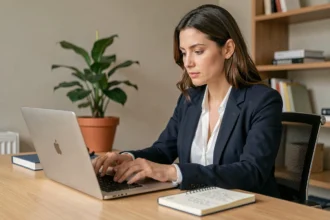 Femme professionnelle tapant un mot de passe sécurisé sur son ordinateur portable dans un bureau moderne