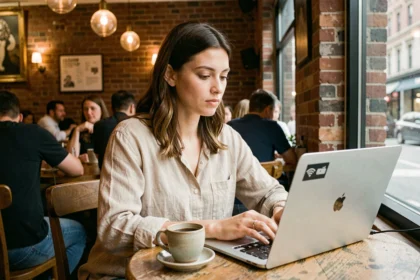 Jeune femme utilisant le wifi public dans un café urbain avec son ordinateur portable