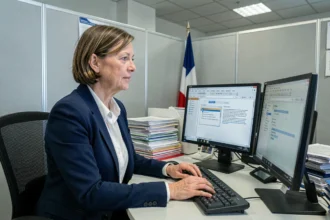 Fonctionnaire française utilisant un logiciel libre sur un poste de travail Linux dans un bureau administratif moderne