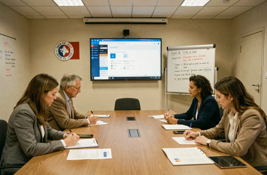 Formation à la migration vers les logiciels libres pour des agents de la fonction publique française autour d'une table de réunion