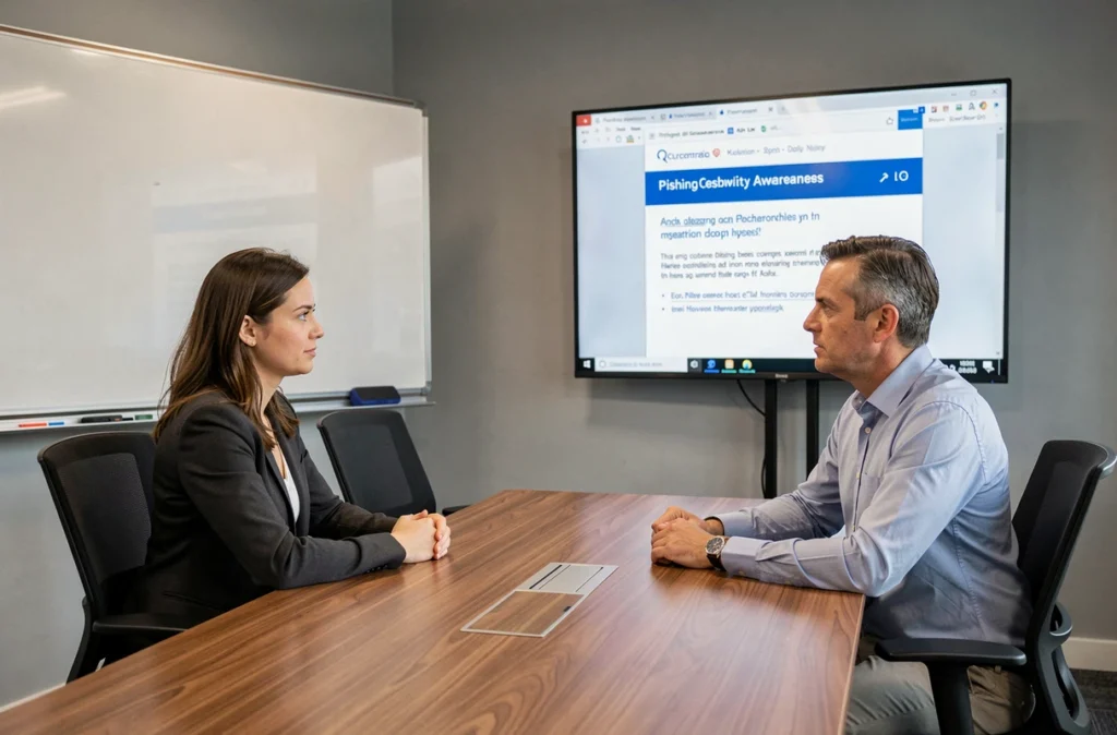 Deux collègues participant à une formation de sensibilisation à la cybersécurité devant un écran en salle de réunion