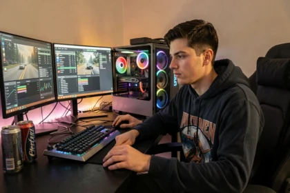 Jeune gamer assis à son bureau gaming mesurant la consommation électrique de son PC avec des logiciels affichés sur ses écrans