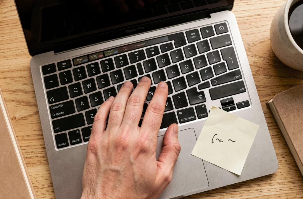 Gros plan sur un clavier MacBook Pro avec raccourci clavier Option N pour insérer un tilde