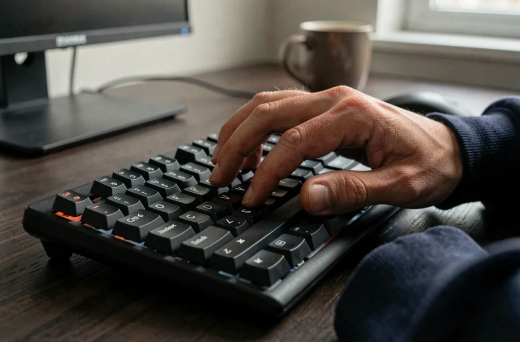 Gros plan de mains sur un clavier mécanique avec les touches de raccourcis clavier Word en évidence